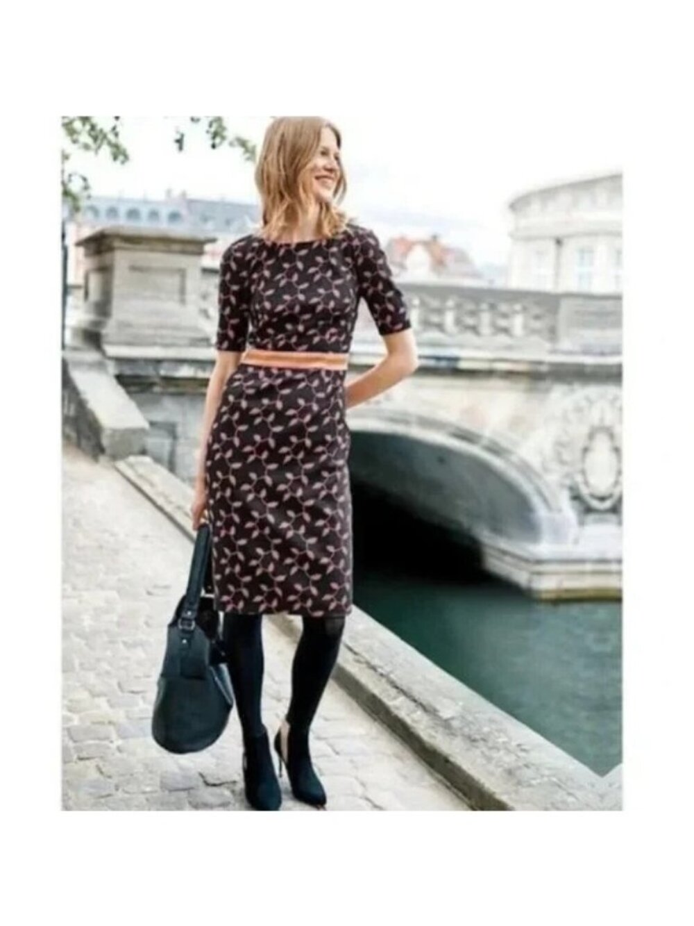 Boden Dress Womens 6 Black Pink Trellis Fleur Fitted Half Sleeves Sheath Mini